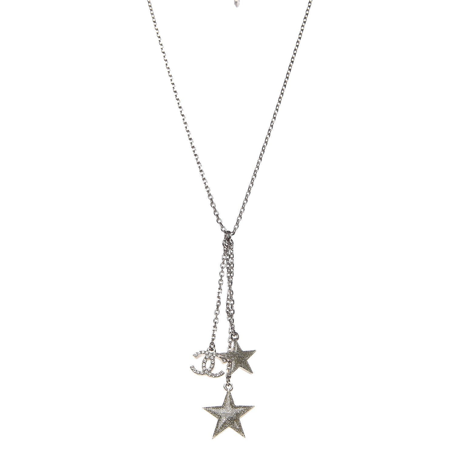 Chanel Crystal Glitter Enamel CC Star Drop Necklace Silver 1 of 4