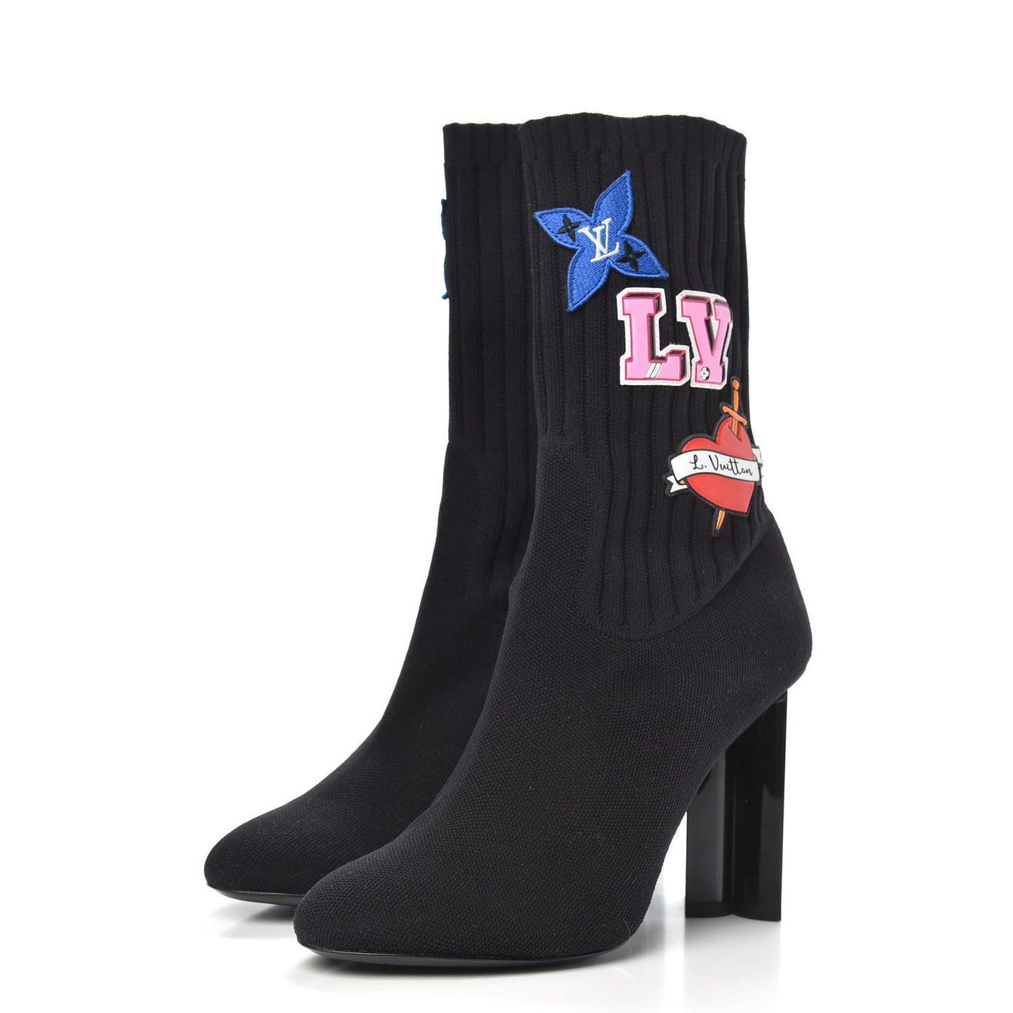 Stretch Fabric LV Black Heart Sock Ankle Boots 38.5 Black