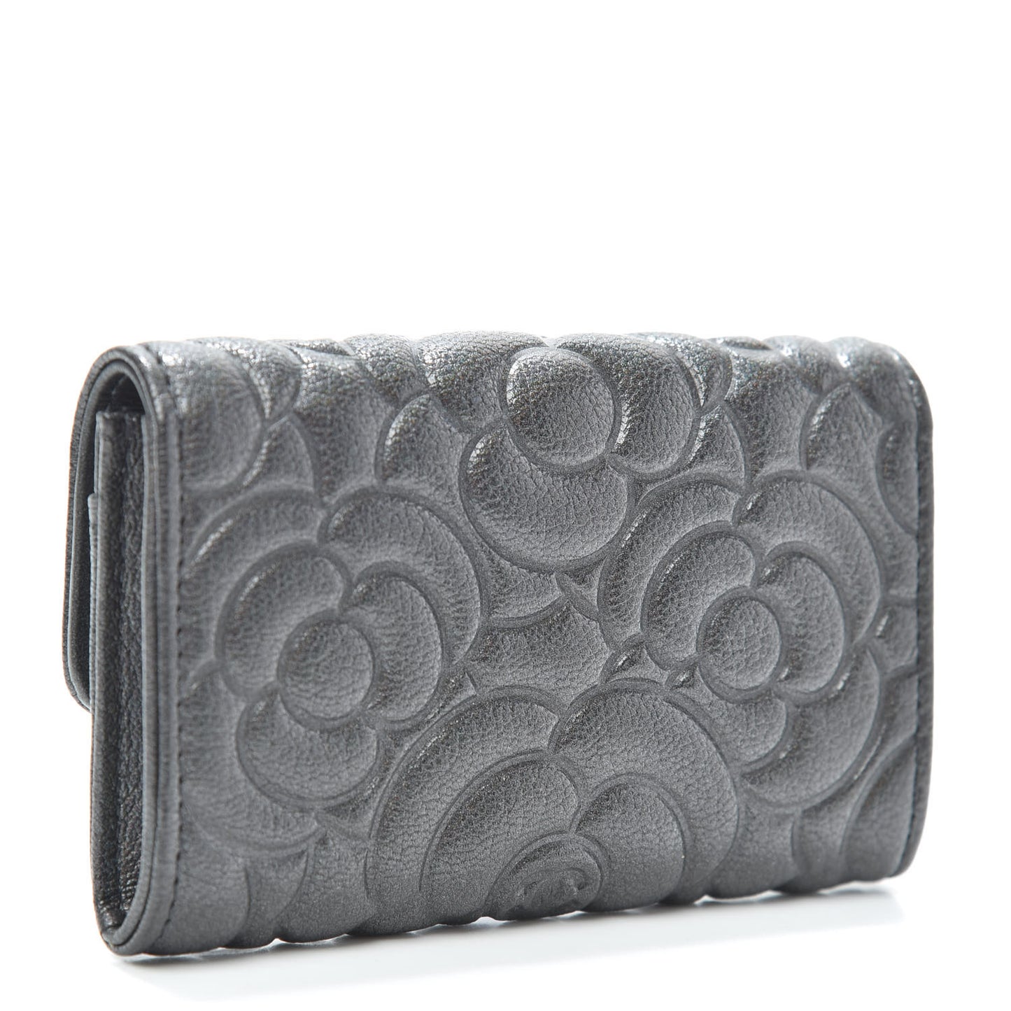 Goatskin Camellia Embossed Flap Card Holder Wallet Grey