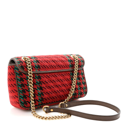 Gucci Wool Tweed Textured Dollar Calfskin Matelasse Diagonal Plaid Small GG Marmont Shoulder Bag Red Green Multicolor New Acero 3 of 11