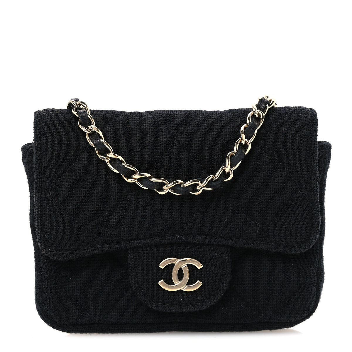 Jersey Quilted Flap Chain Waist Bag Black
