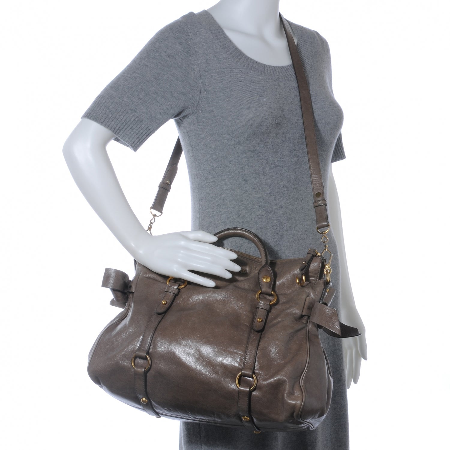 Miu Miu Leather Vitello Lux Bow Bag Fumo 2 of 7