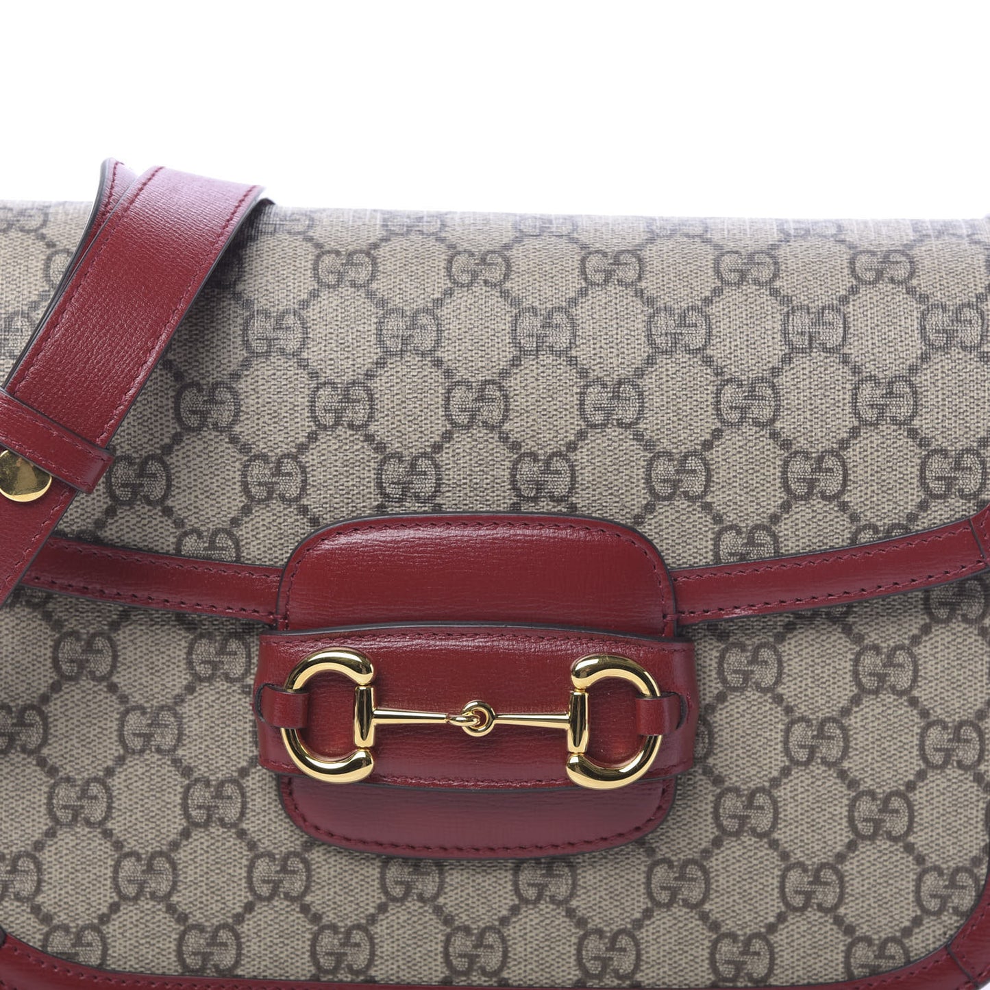 GG Supreme Monogram Azalea Calfskin Horsebit 1955 Shoulder Bag Beige Ebony New Cherry Red