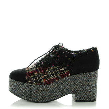 Chanel Tweed Lace Up 85 Wedges 42 Multicolor Black 1 of 9