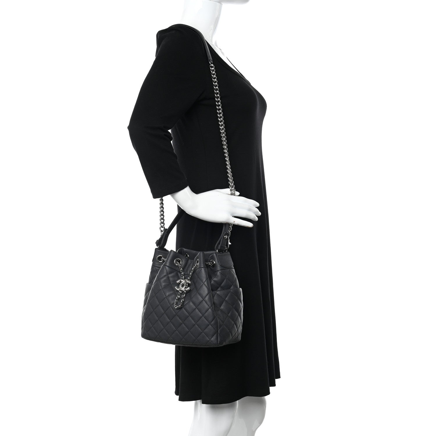 Chanel Caviar Flat Quilted CC Chain Bucket Drawstring Bag Black 2 of 11