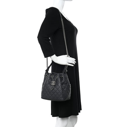 Chanel Caviar Flat Quilted CC Chain Bucket Drawstring Bag Black 2 of 11