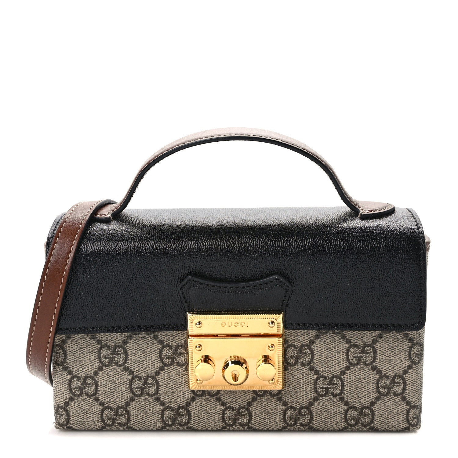 Gucci GG Supreme Monogram Calfskin Mini Padlock Top Handle Shoulder Bag Beige Black Cuir 1 of 9