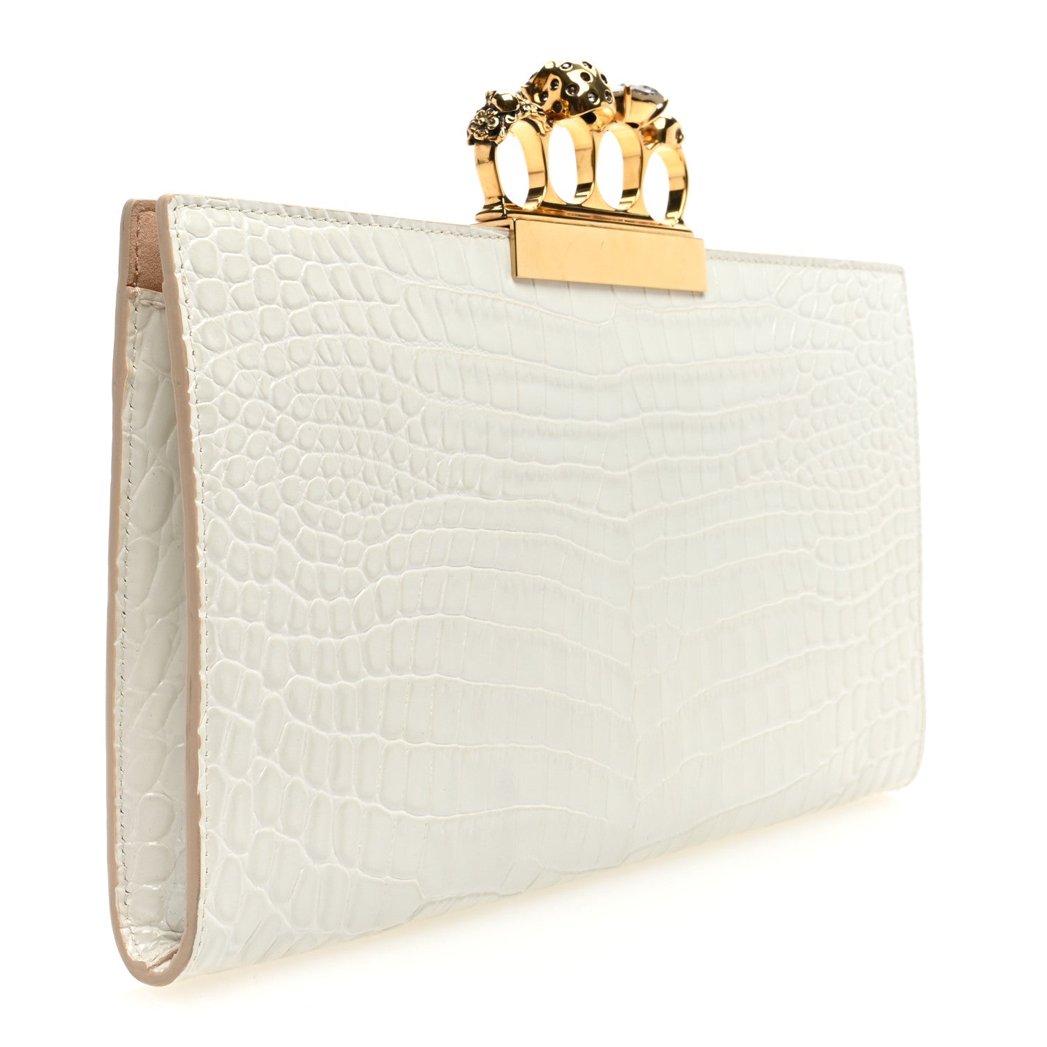 Alexander McQueen Calfskin Crocodile Embossed Knuckle Flat Clutch Ivory 3 of 6