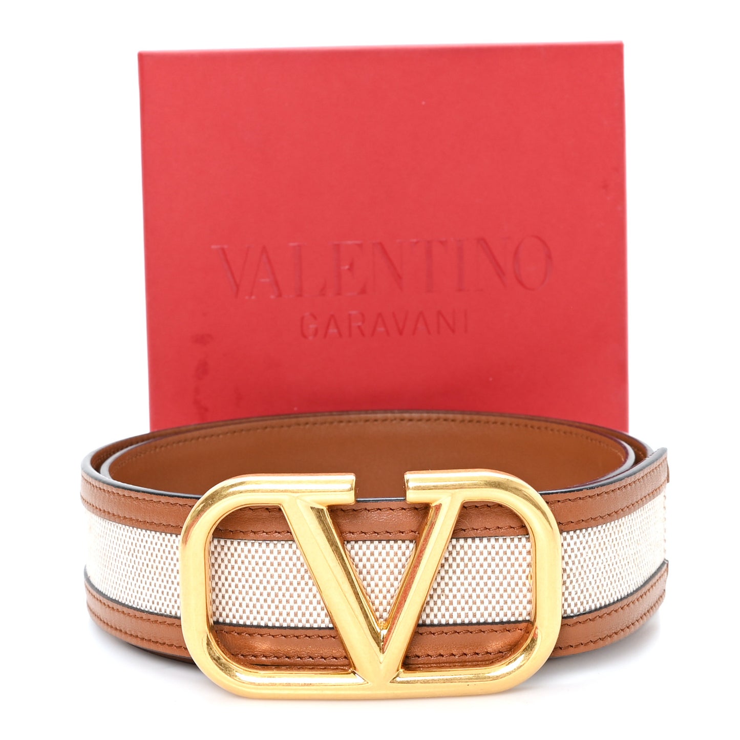 Canvas Glossy Calfskin VLogo 90 36 Belt Saddle Brown