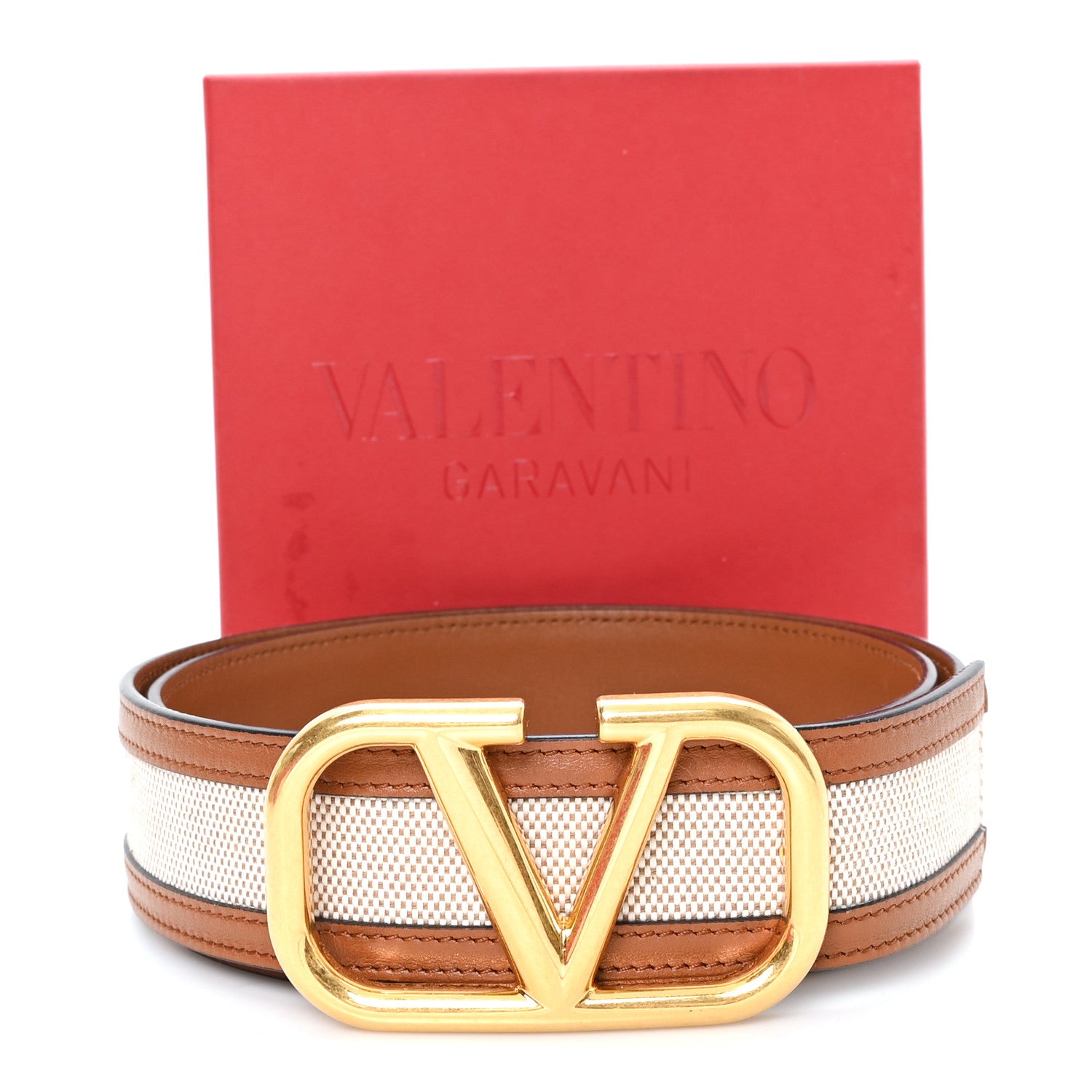 Valentino Garavani Canvas Glossy Calfskin VLogo 90 36 Belt Saddle Brown 5 of 5