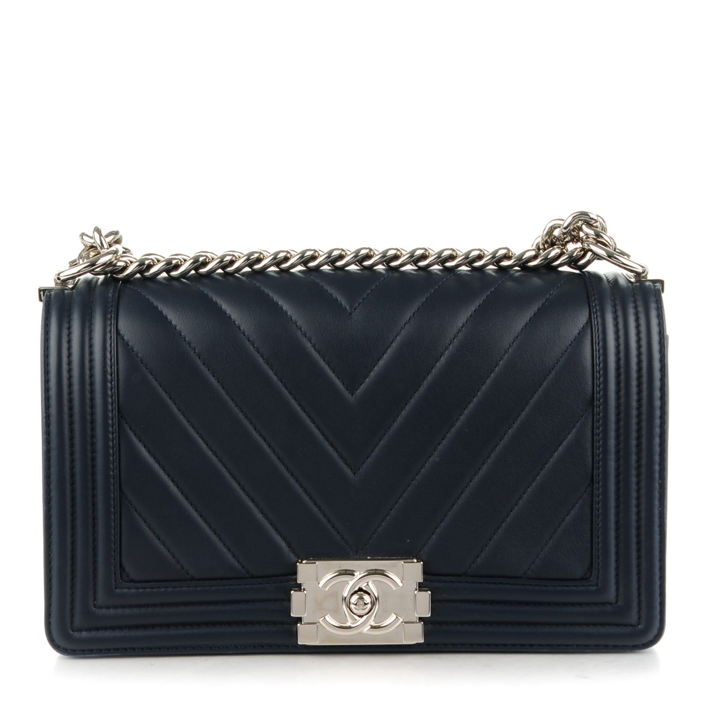 Calfskin Chevron Quilted Medium Boy Flap Dark Navy
