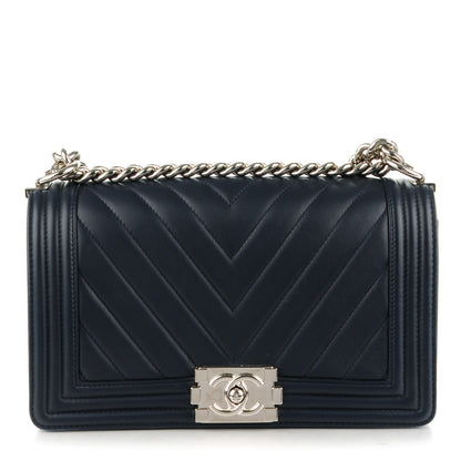 Chanel Calfskin Chevron Quilted Medium Boy Flap Dark Navy 1 of 8