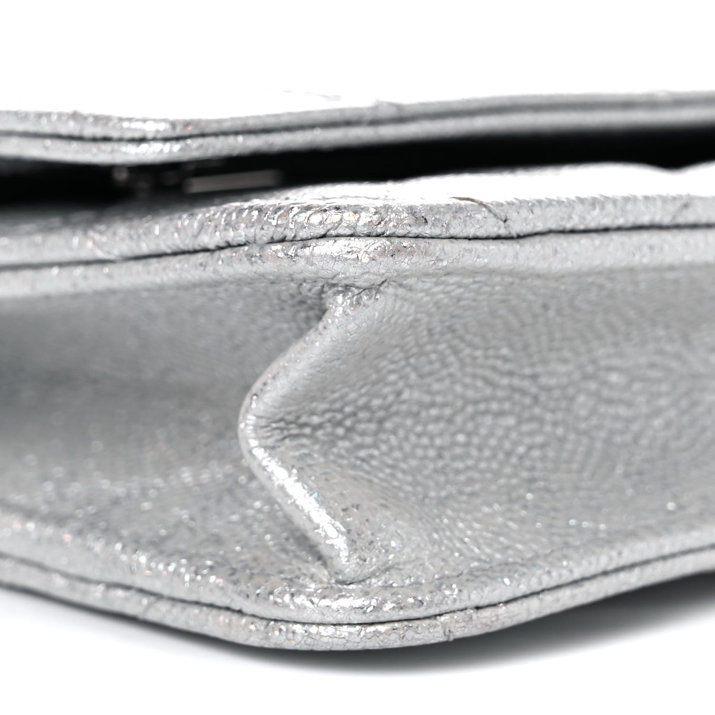 Glittered Metallic Caviar Quilted Wallet On Chain WOC Silver