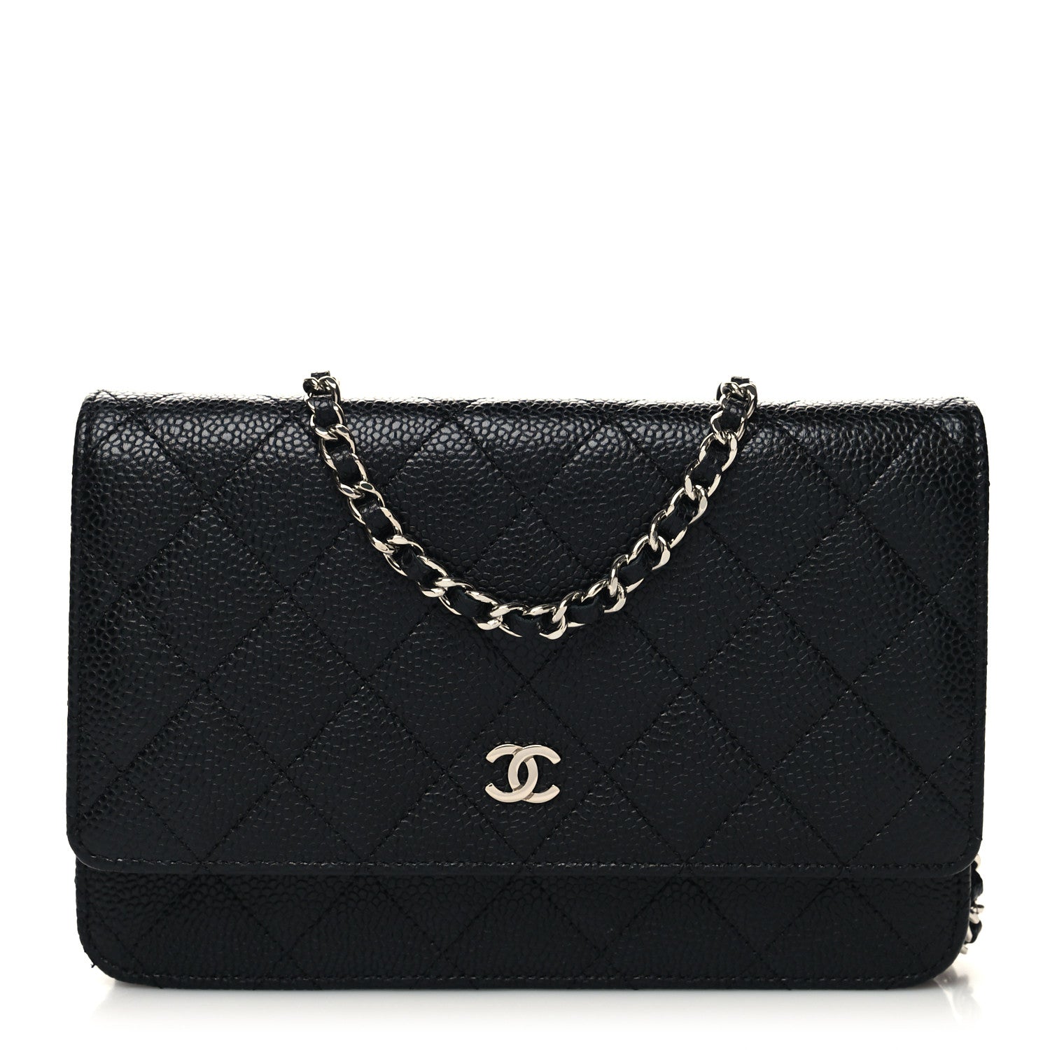 front view image of CHANEL Caviar Quilted Wallet on Chain WOC in the color Black by FASHIONPHILE