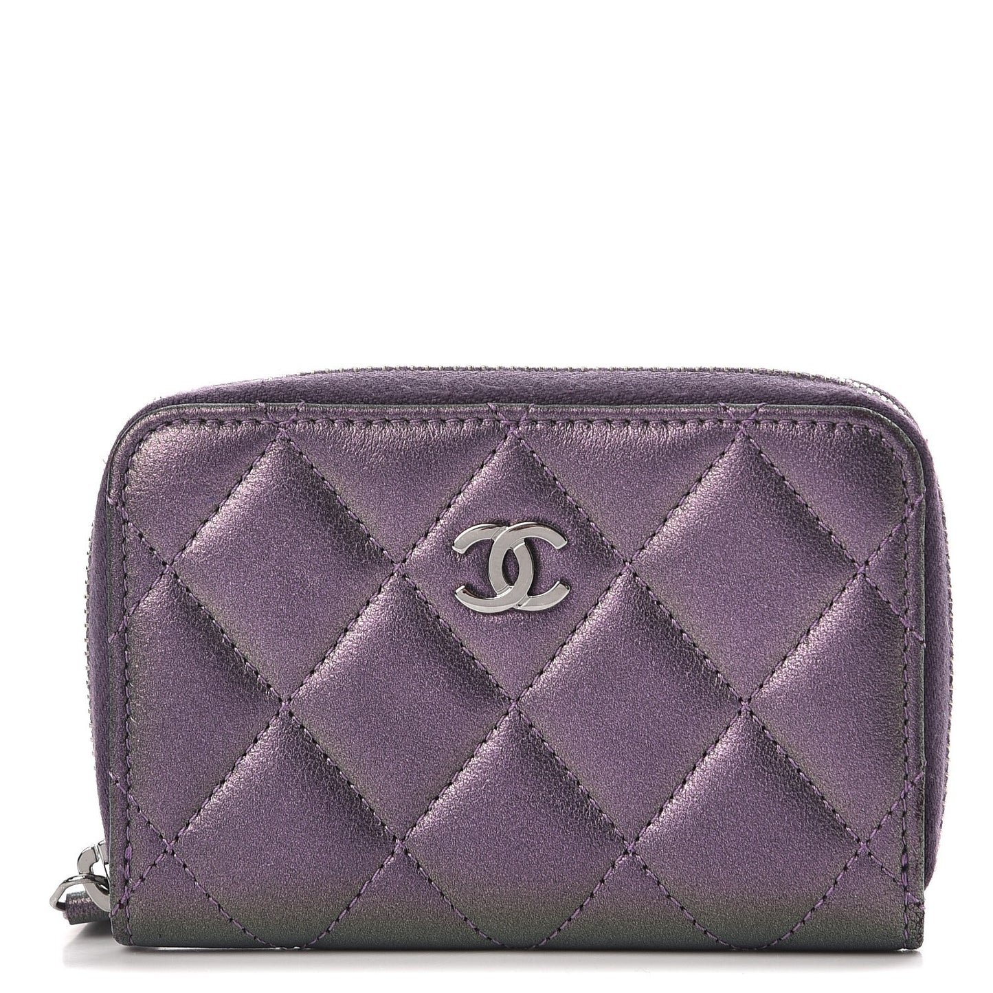 Metallic Lambskin Quilted Zip Around Coin Purse Wallet Dark Purple