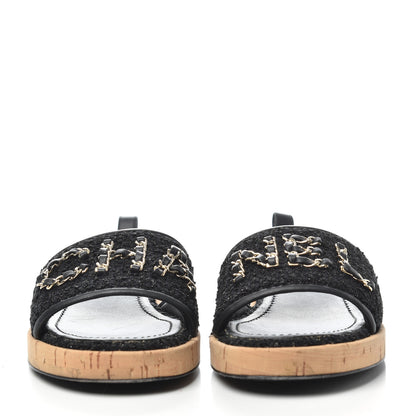 Chanel Tweed Lambskin Cork Logo Mules 38 Black 2 of 13