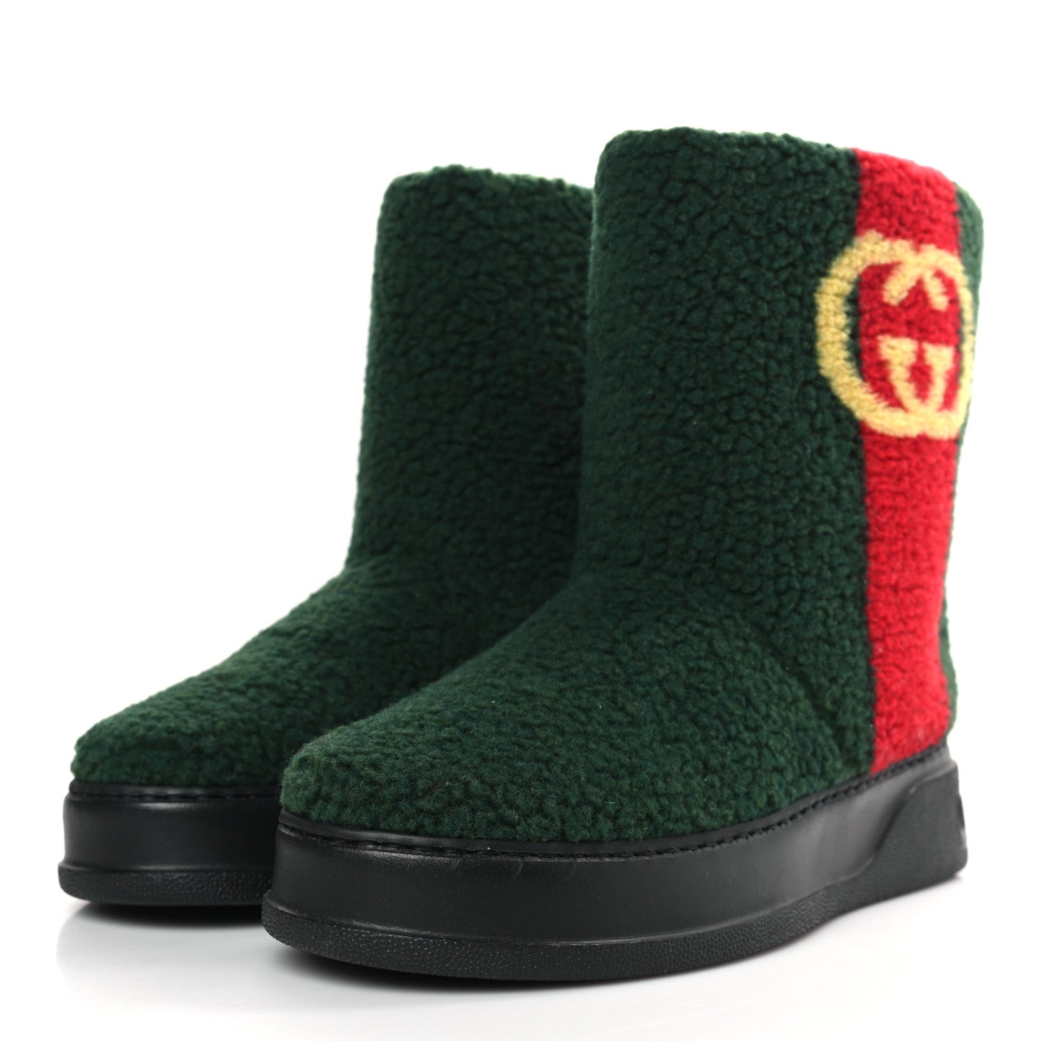 Gucci Auckland Interlock Furry Teddy Ankle Boots 41 Green Red Yellow 3 of 8