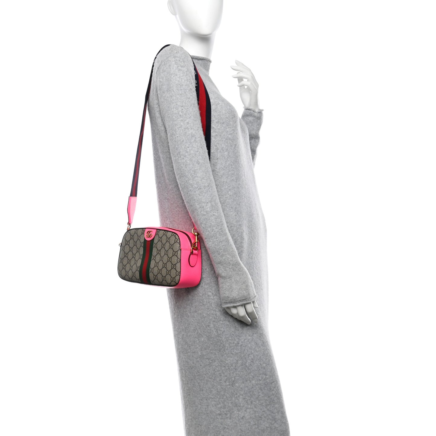GG Supreme Monogram Textured Dollar Calfskin Web Ophidia Small Crossbody Bag Beige Ebony Fuchsia
