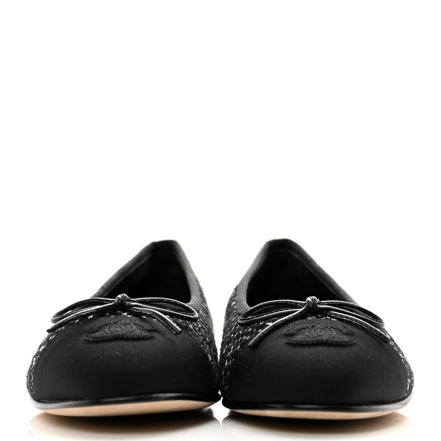 Chanel Cotton Tweed Grosgrain Cap Toe Ballerina Flats 37.5 Black Silver White 2 of 9