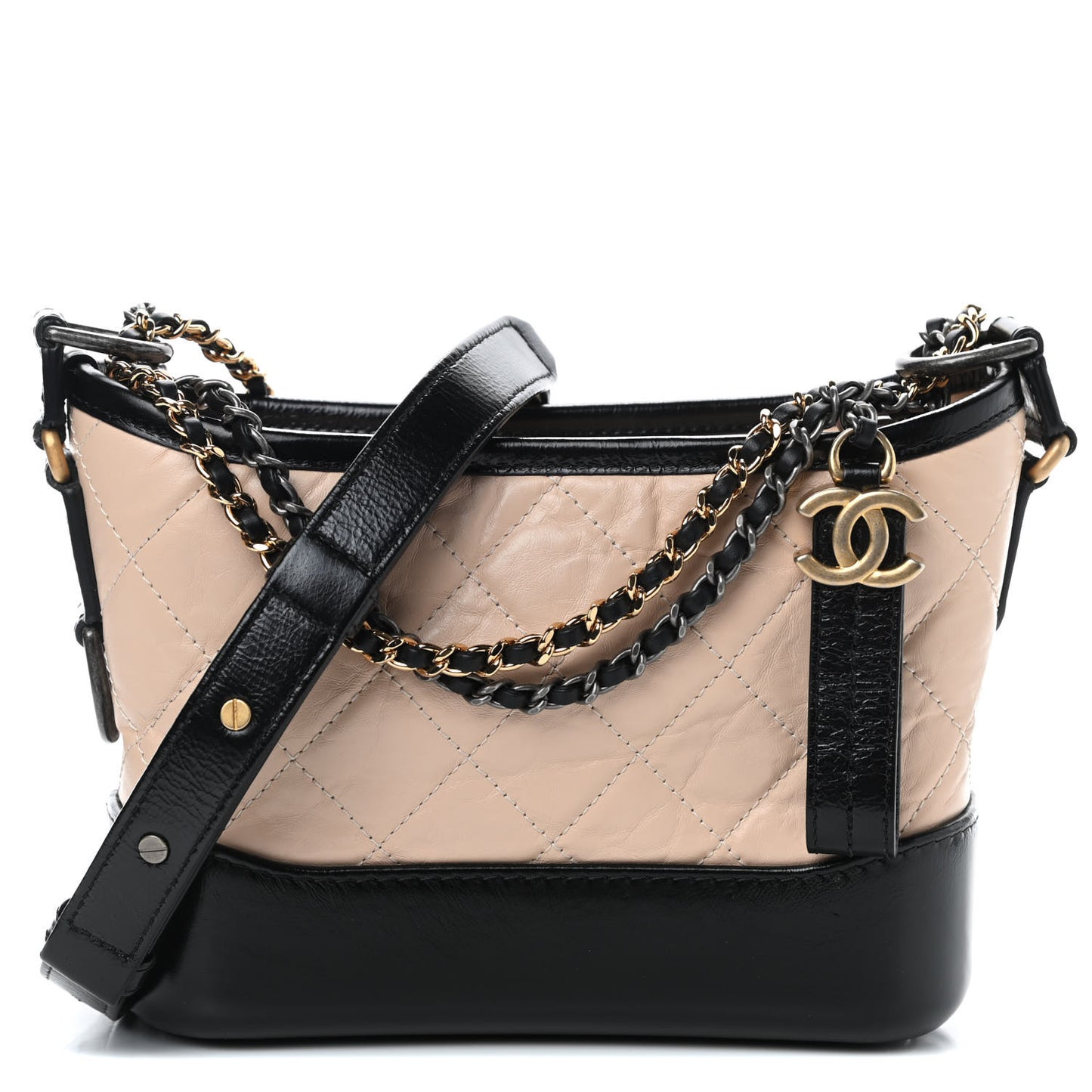 Aged Calfskin Quilted Small Gabrielle Hobo Beige Black