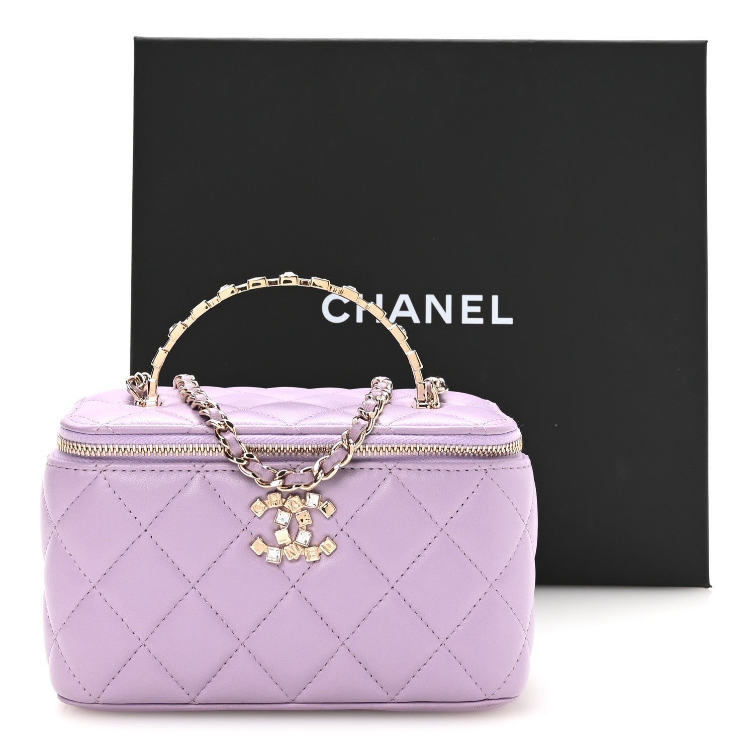 Chanel Lambskin Quilted Baguette Crystal Top Handle Vanity Case With Chain Purple 22 of 23