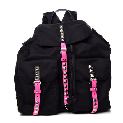 Prada Nylon New Vela Studded Backpack Black Neon Pink 1 of 9