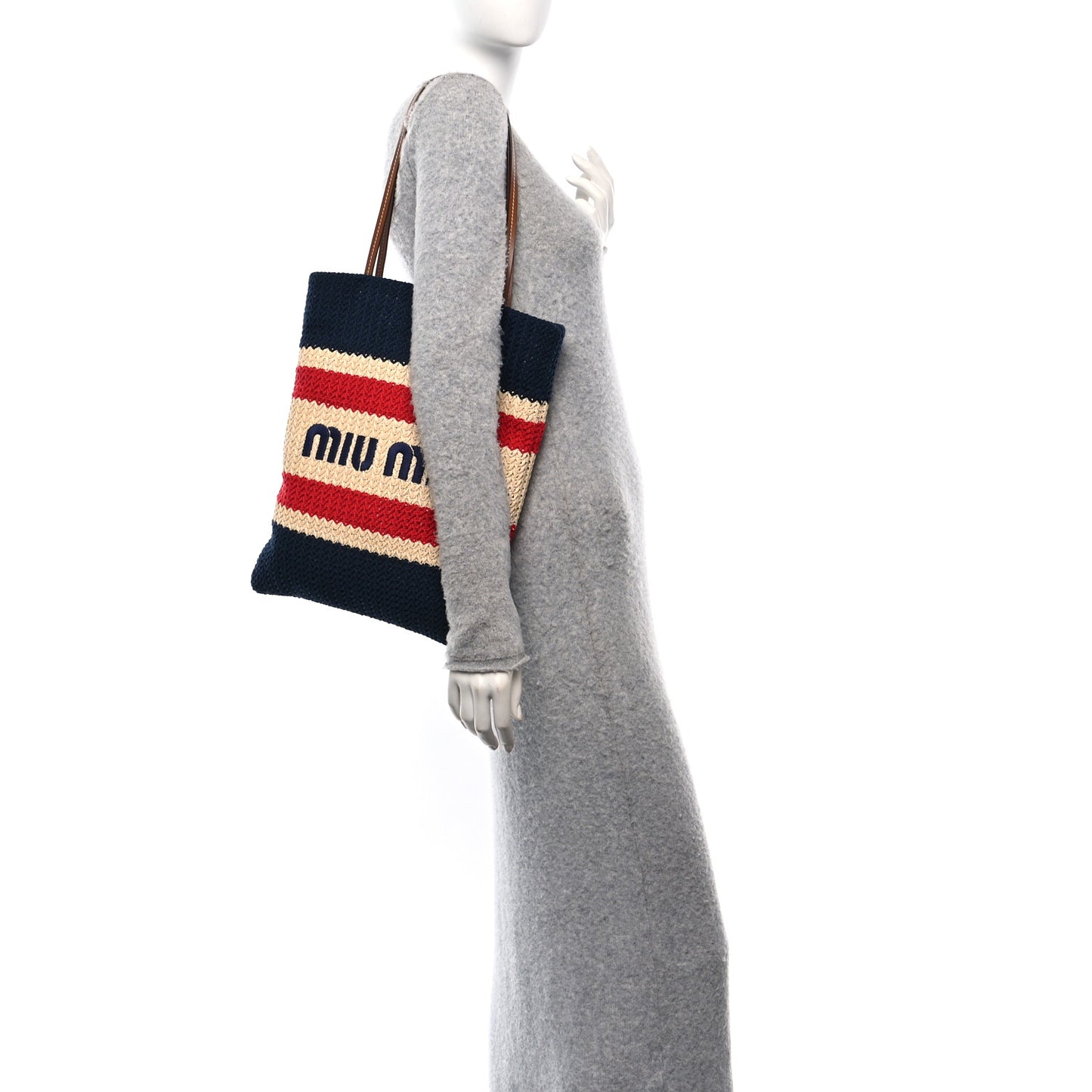 Raffia Crochet Stripe Vertical Tote Bag Natural Blue