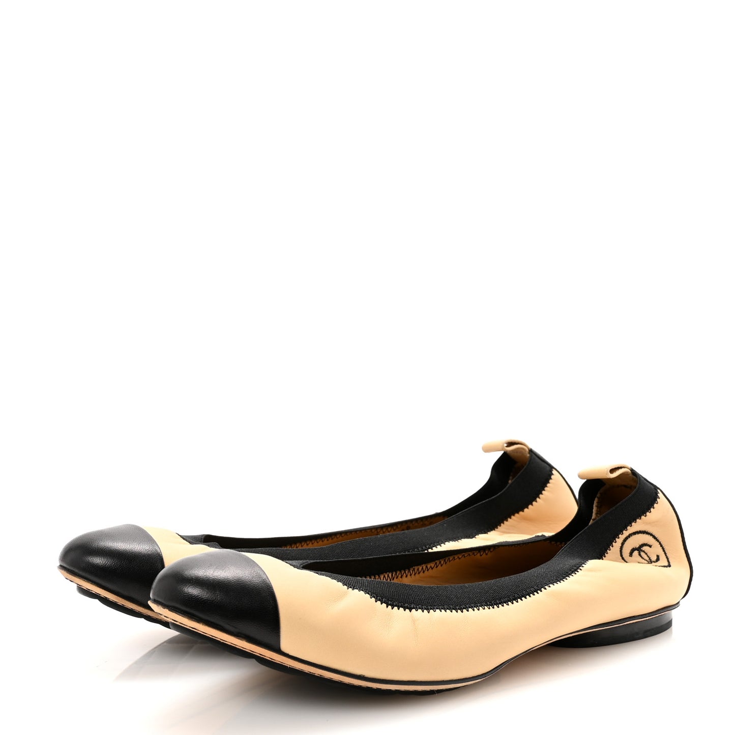 Lambskin CC Elastic Cap Toe Ballerina Flats 40 Beige Black