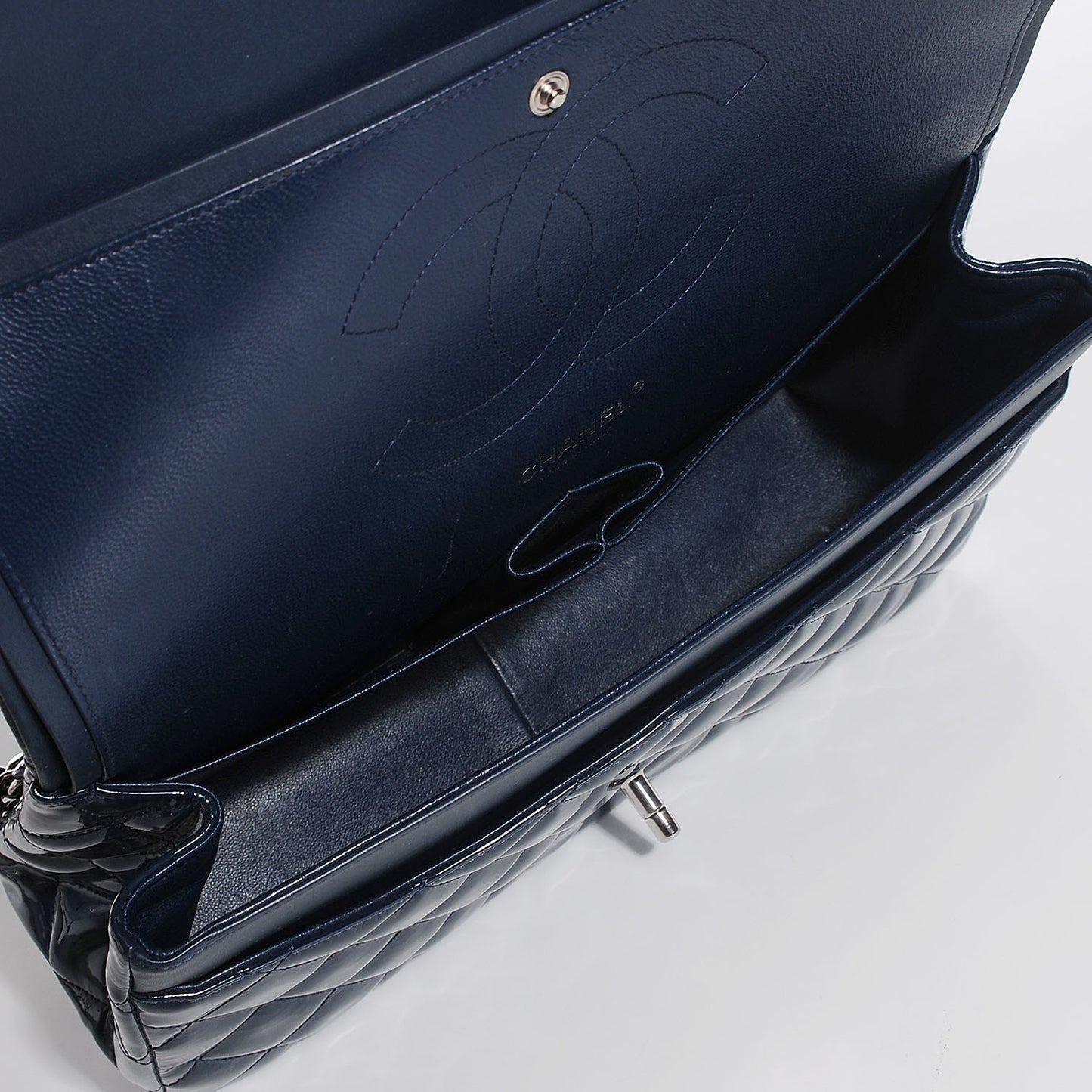 Patent Calfskin Quilted Jumbo Double Flap Blue
