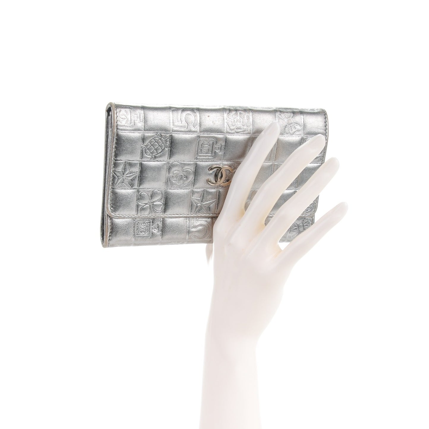 Metallic Lambskin Precious Symbols Flap Wallet Silver