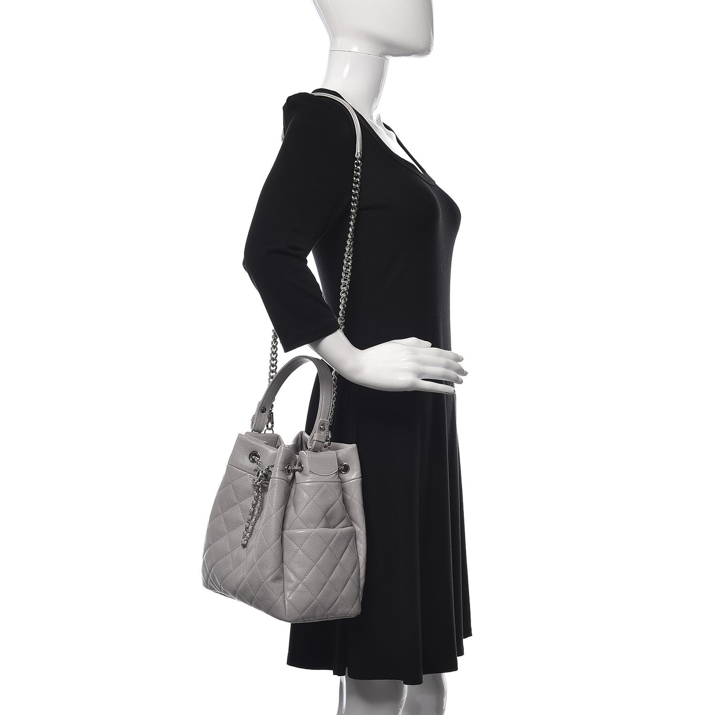 Grained Calfskin Quilted Medium CC Chain Bucket Drawstring Bag Light Grey