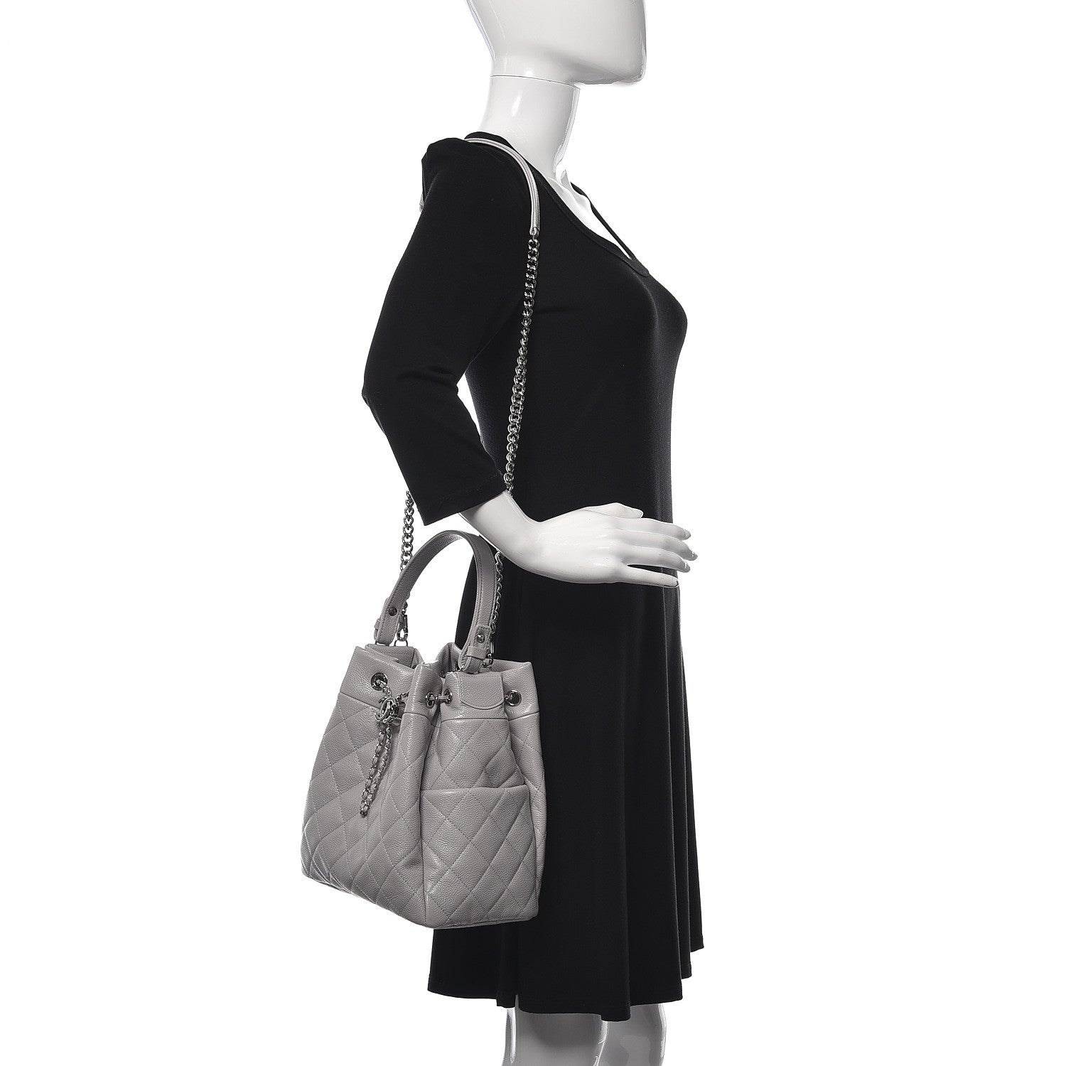 Chanel Grained Calfskin Quilted Medium CC Chain Bucket Drawstring Bag Light Grey 2 of 10