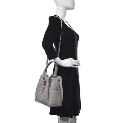 Chanel Grained Calfskin Quilted Medium CC Chain Bucket Drawstring Bag Light Grey 2 of 10