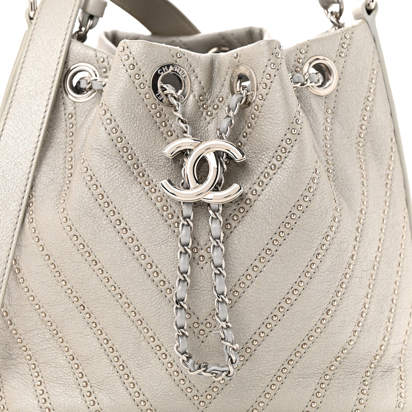 Metallic Calfskin Studded Chevron Quilted Small Stud Wars Drawstring Bag Silver