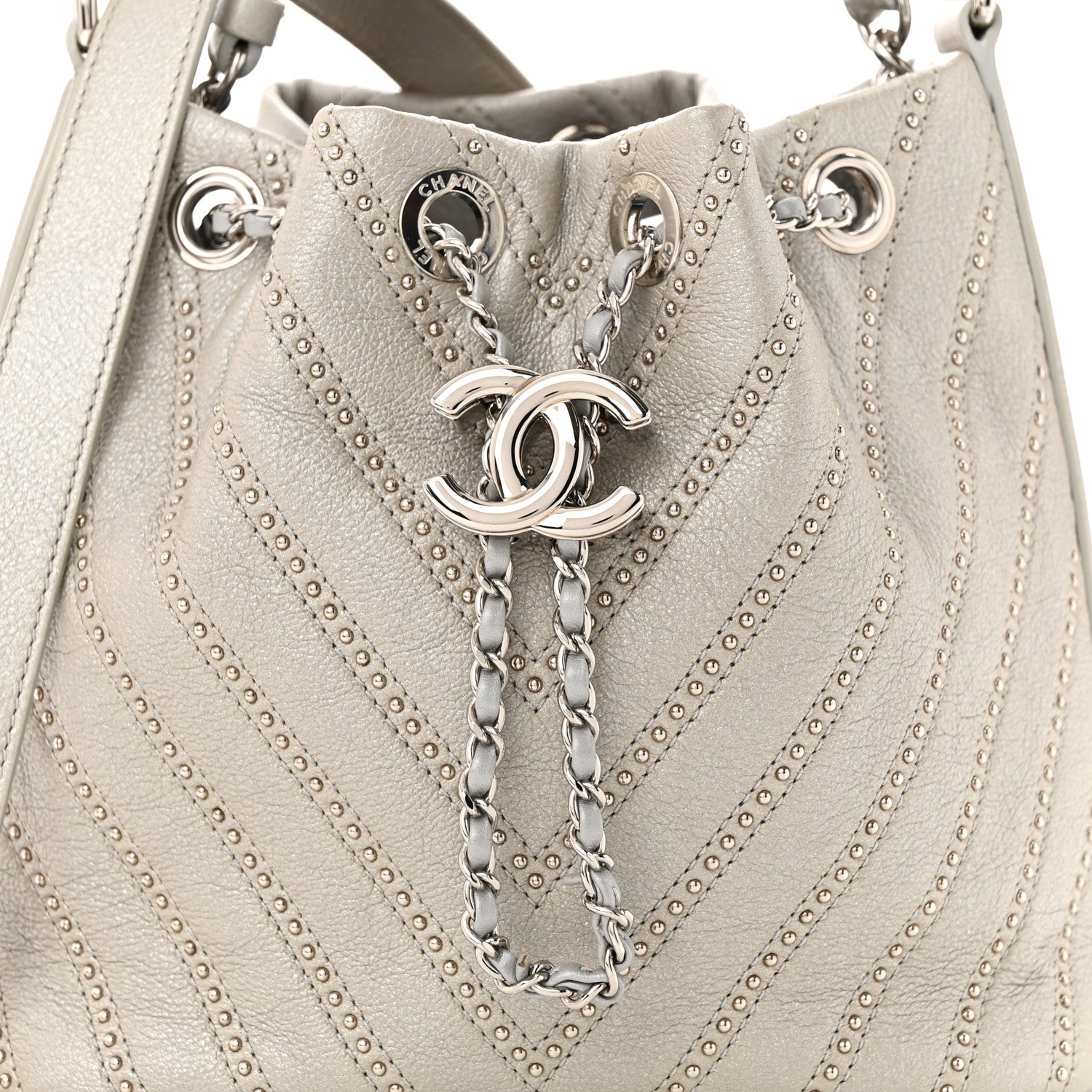 Chanel Metallic Calfskin Studded Chevron Quilted Small Stud Wars Drawstring Bag Silver 8 of 11