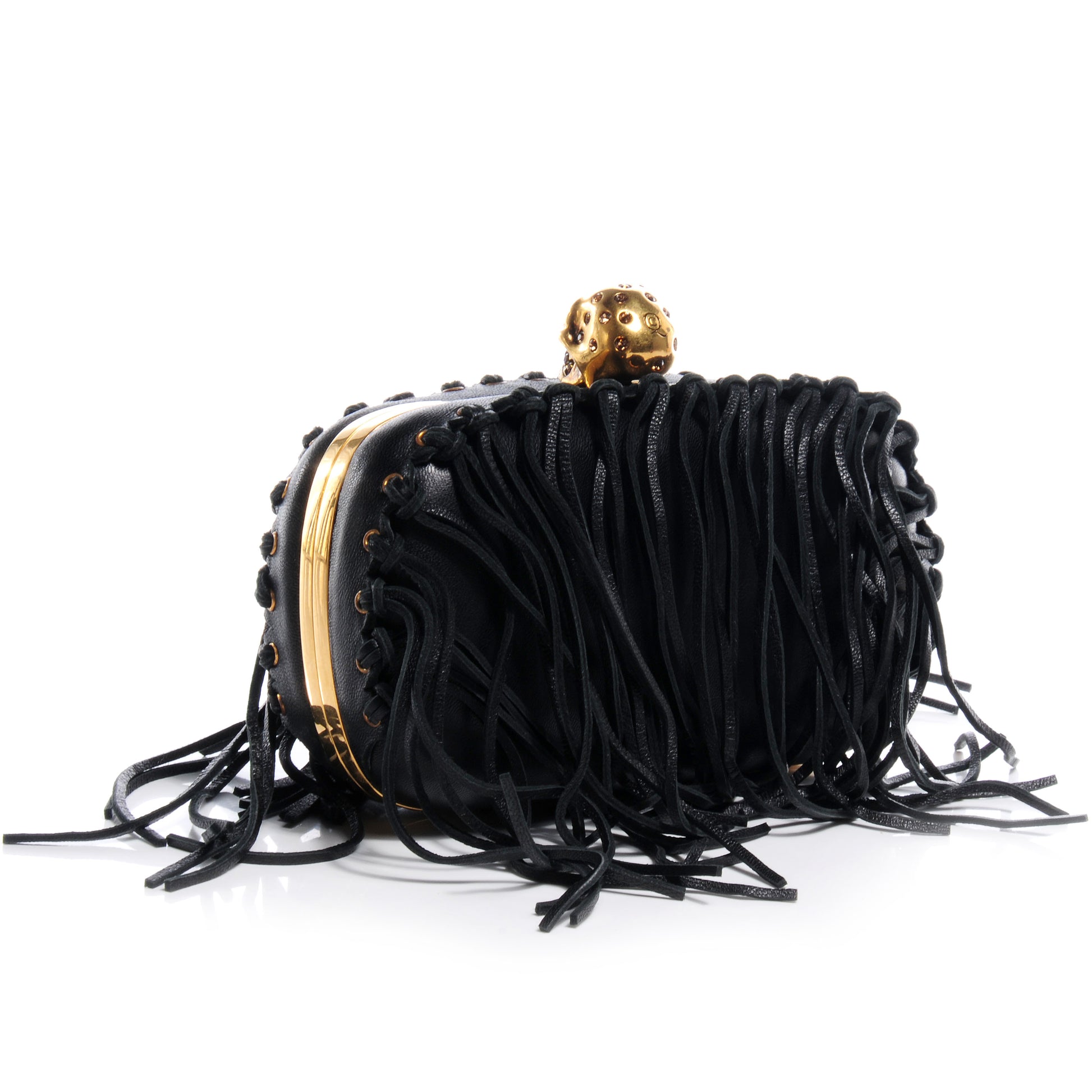 Alexander McQueen Leather Fringe Crystal Skull Box Clutch Black 3 of 10