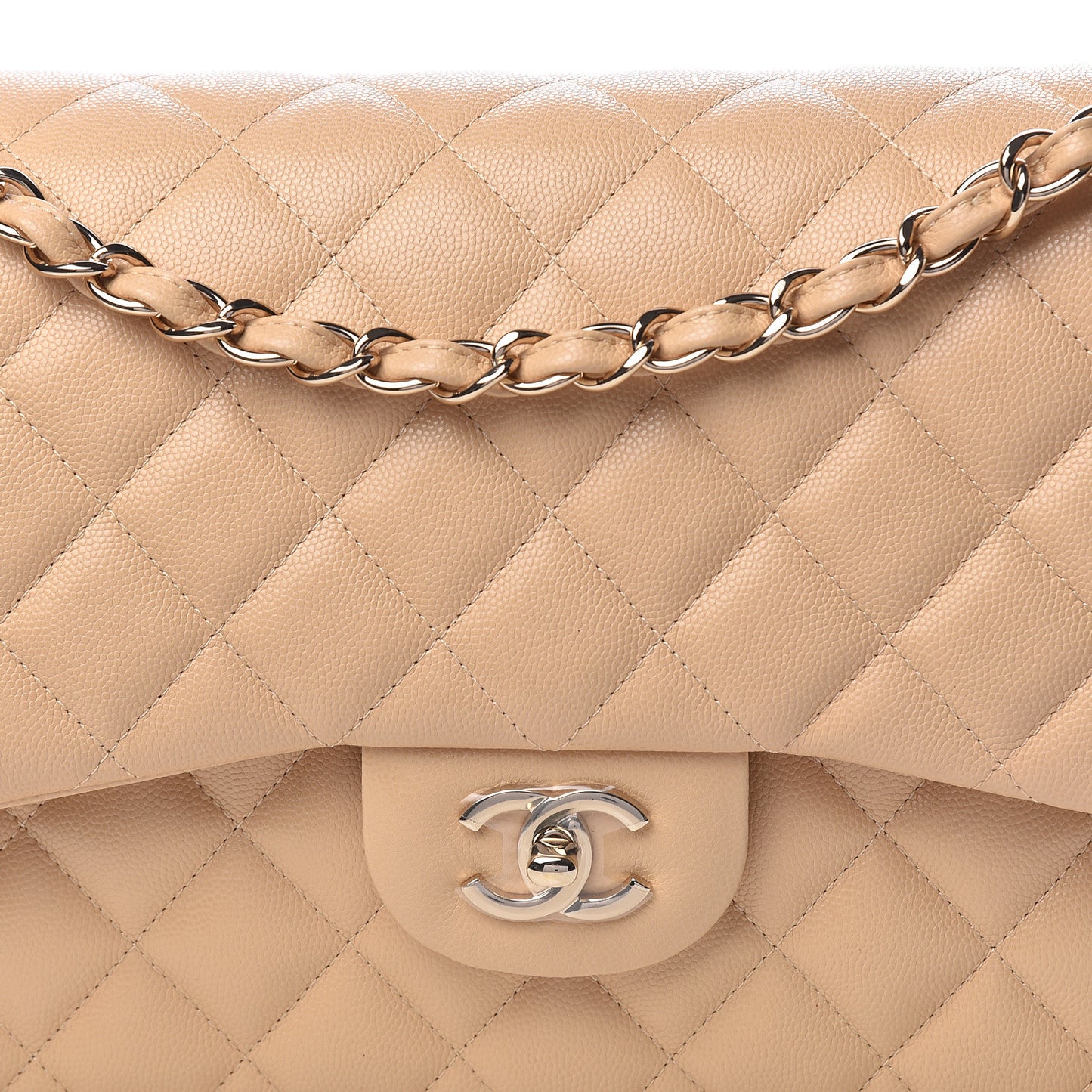 Caviar Quilted Jumbo Double Flap Beige Clair