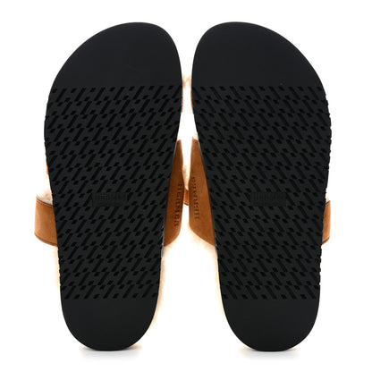 Hermes Suede Goatskin Woolskin Womens Chypre Sandals 37.5 Brun Fume Ecru 5 of 8