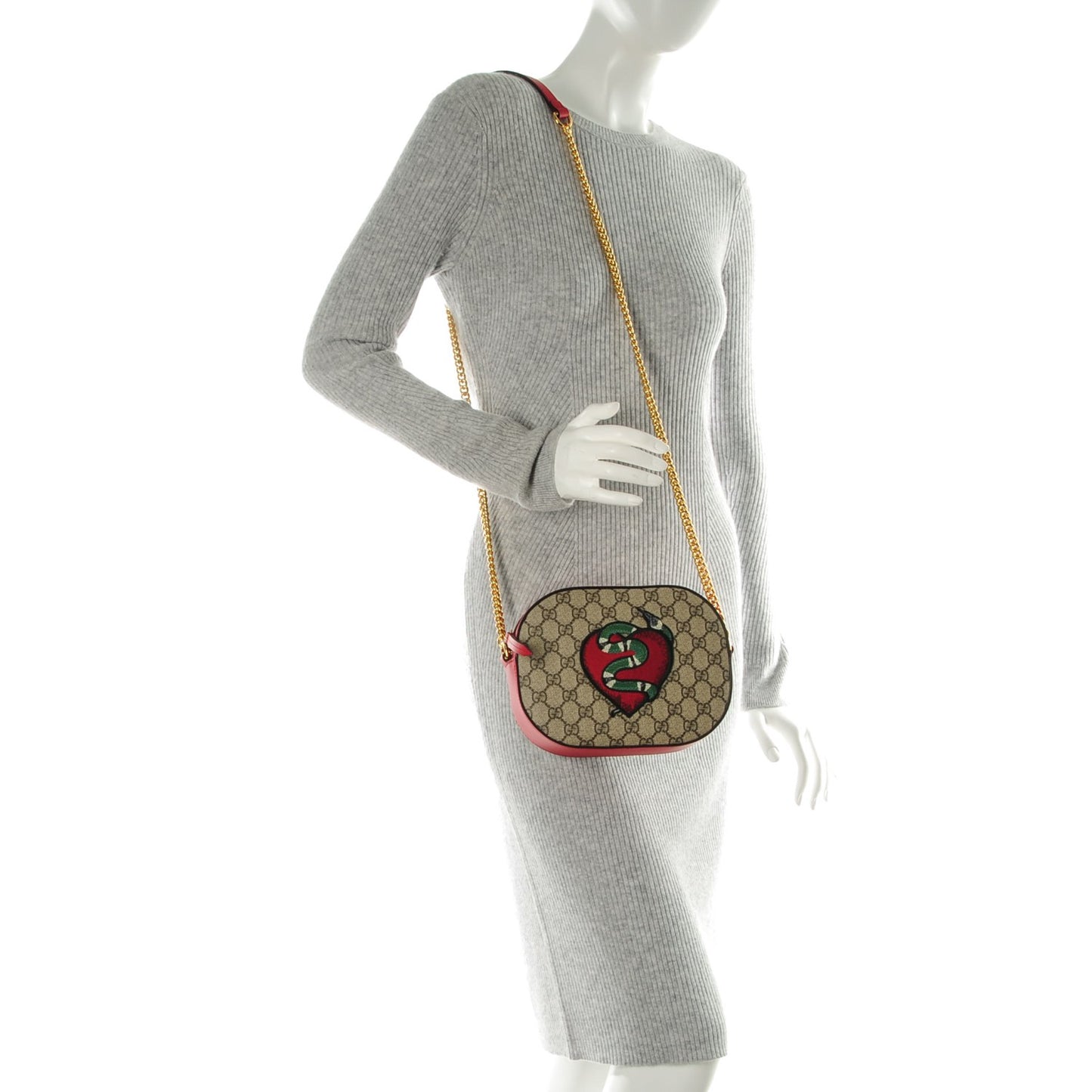 GG Supreme Monogram Kingsnake Heart Embroidered Mini Chain Shoulder Bag Beige Hibiscus Red