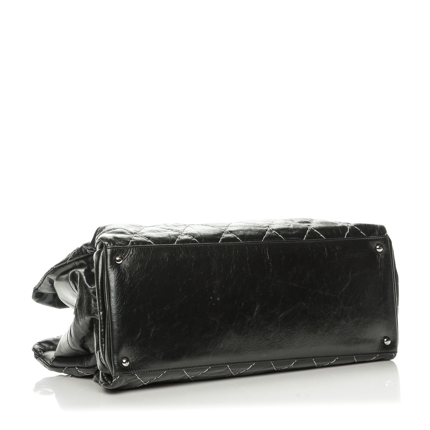 Glazed Goatskin Double Contrast Stitch Large Tote Black