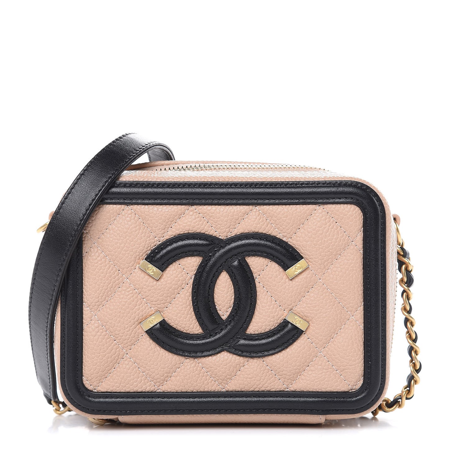 Caviar Quilted CC Filigree Vanity Clutch With Chain Beige Black