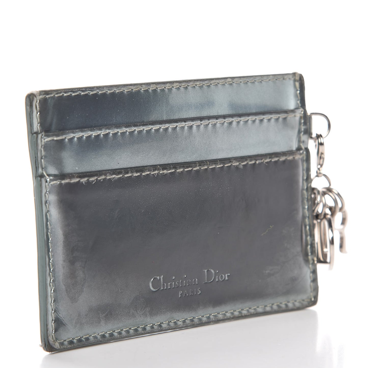 Metallic Patent Micro-Cannage Lady Dior Card Holder Silver