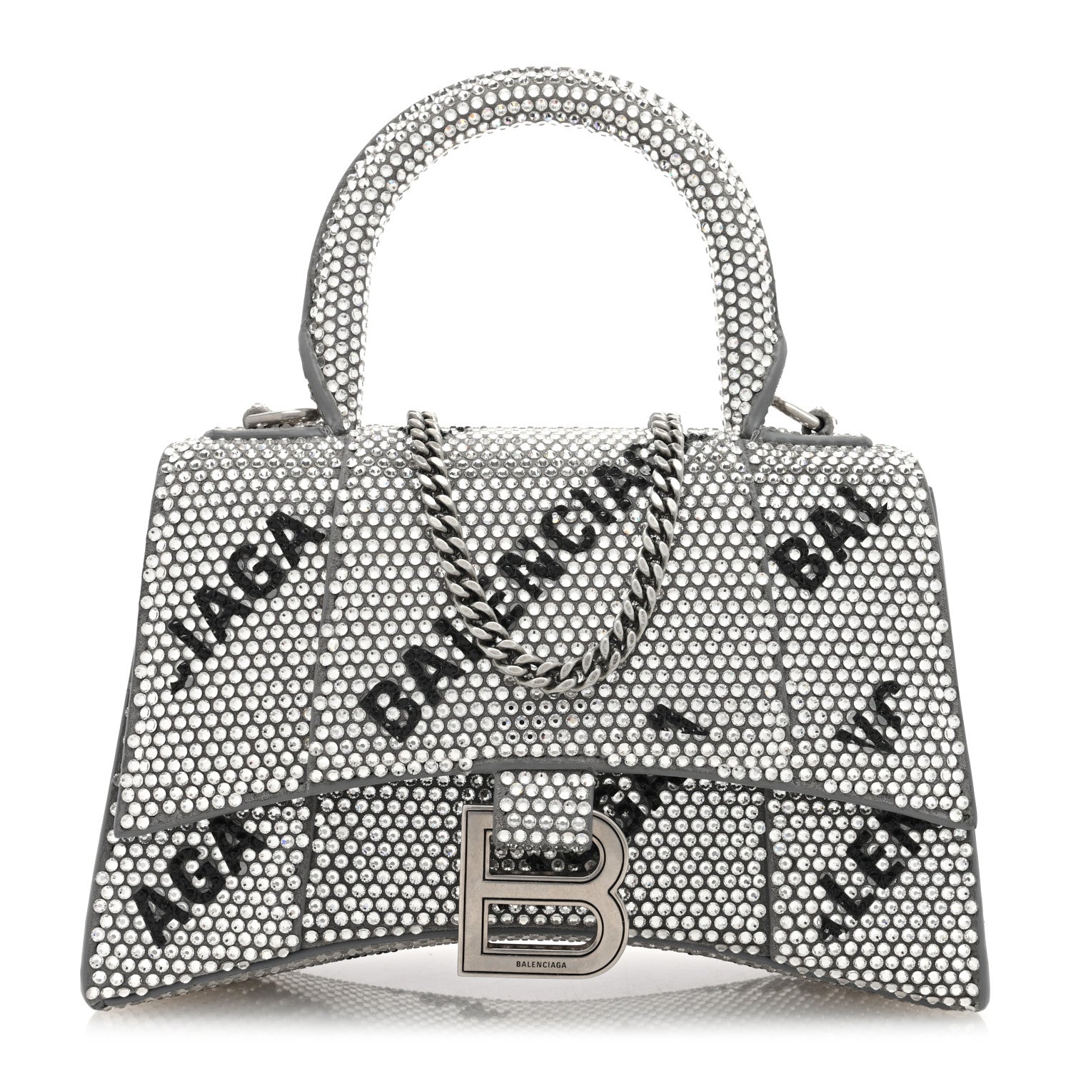 Balenciaga Strass Suede Allover Logo Hourglass Top Handle Bag XS with Chain Silver Black 1 of 9