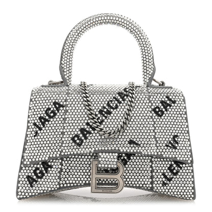 Balenciaga Strass Suede Allover Logo Hourglass Top Handle Bag XS with Chain Silver Black 1 of 9