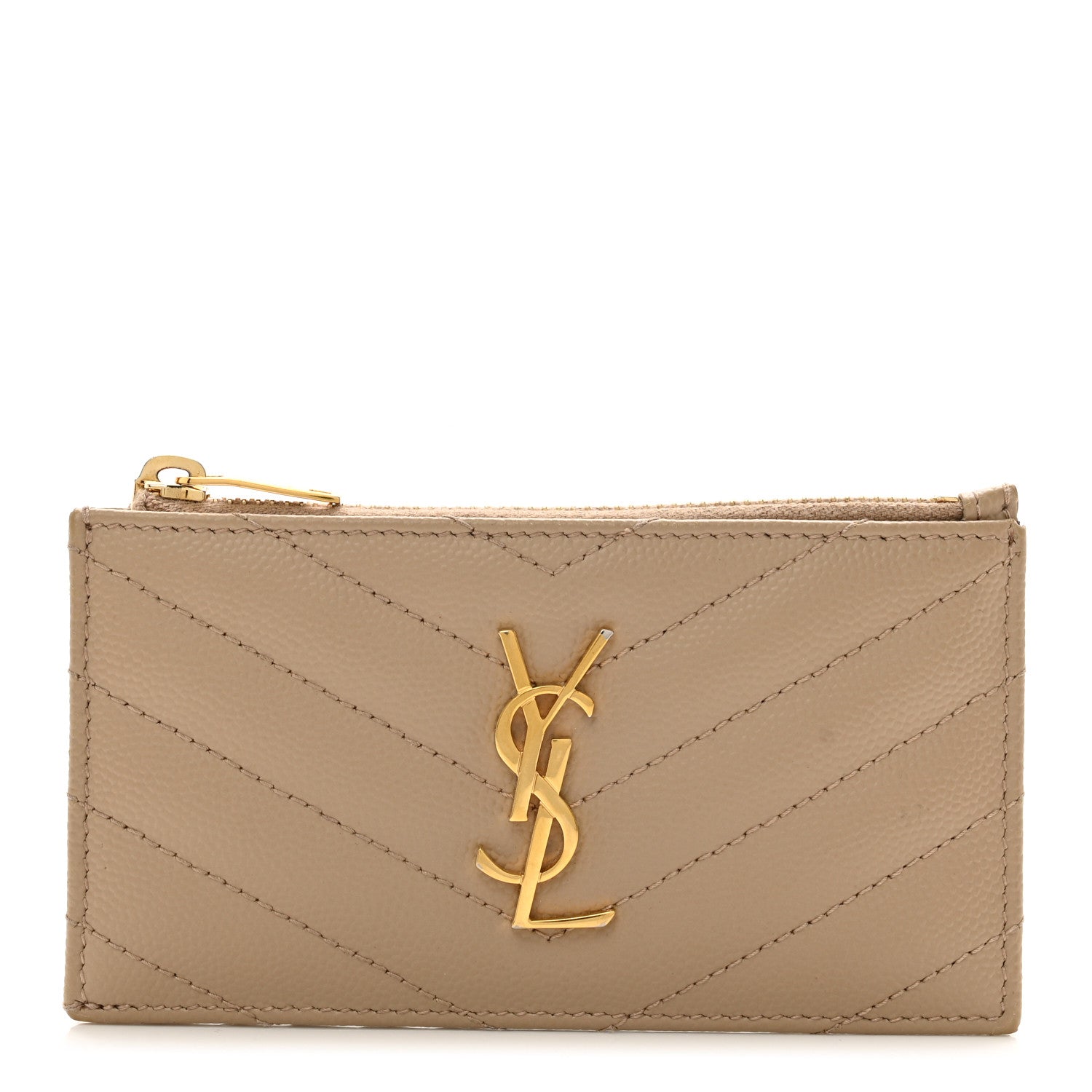 Saint Laurent Grain De Poudre Matelasse Chevron Monogram Fragments Zippered Card Case Deep Beige 1 of 8