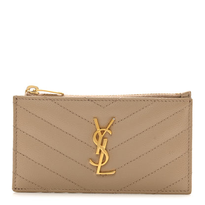 Saint Laurent Grain De Poudre Matelasse Chevron Monogram Fragments Zippered Card Case Deep Beige 1 of 8