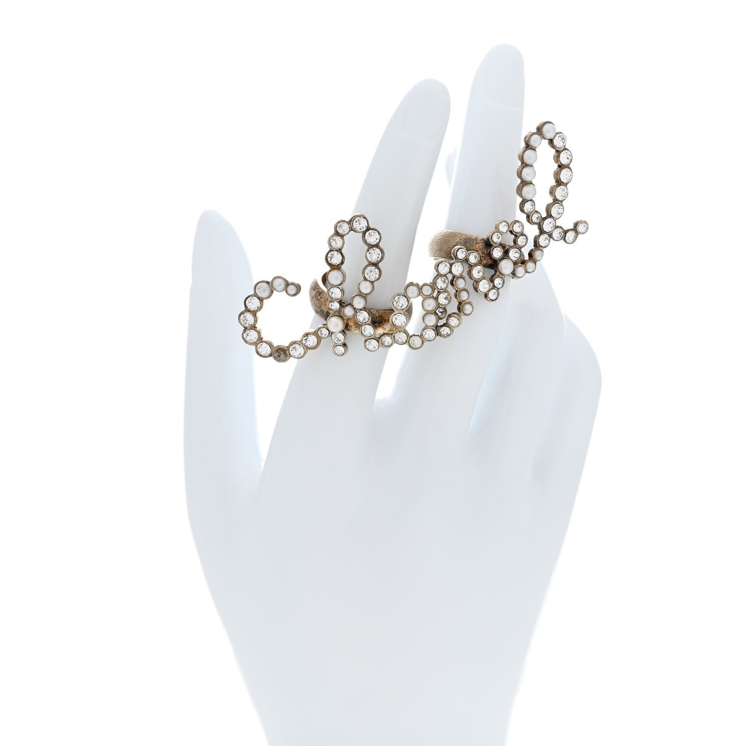 Chanel Crystal Pearl Cha-Nel Rings Set Gold 2 of 6