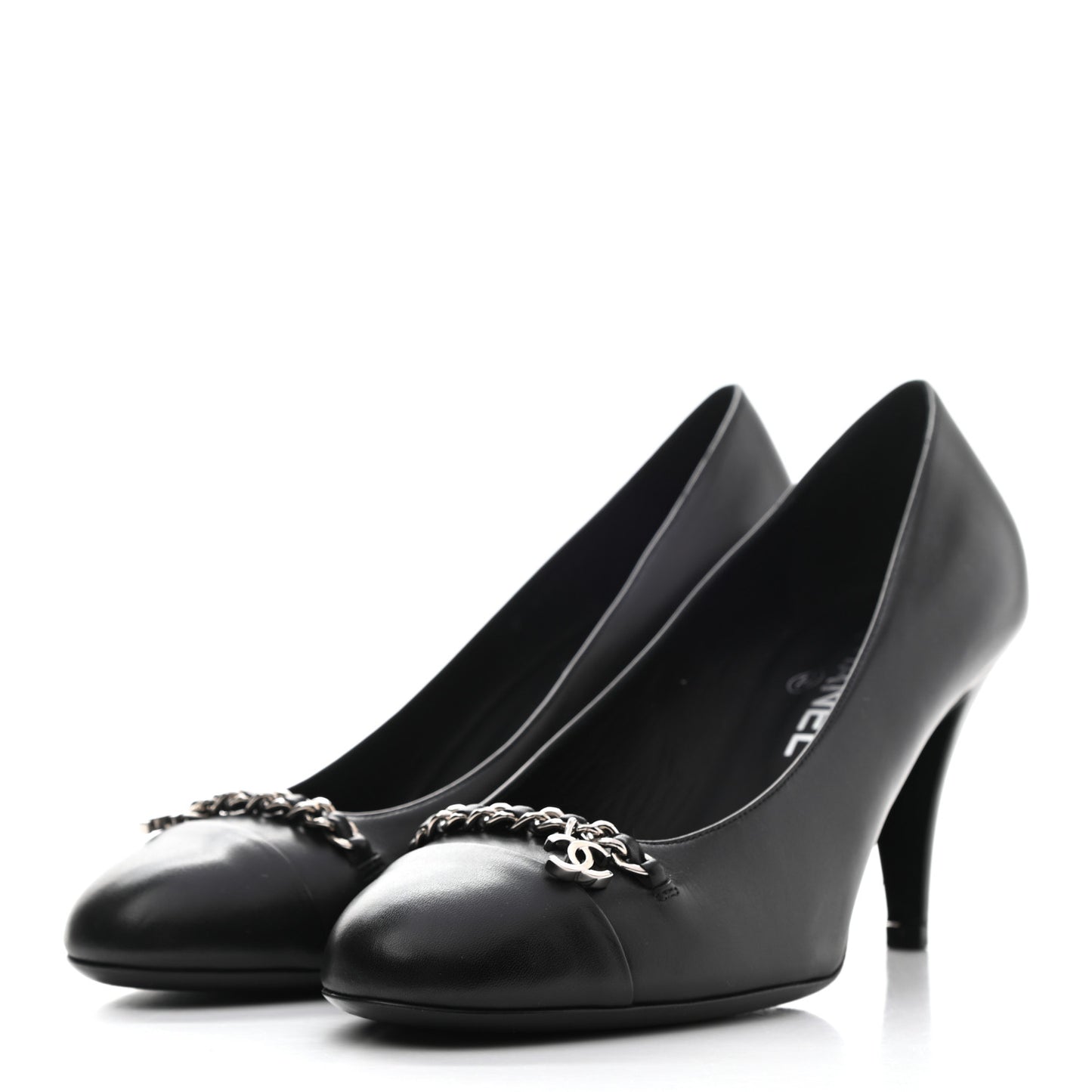 Calfskin CC Cap Toe Chain Pumps 39 Black