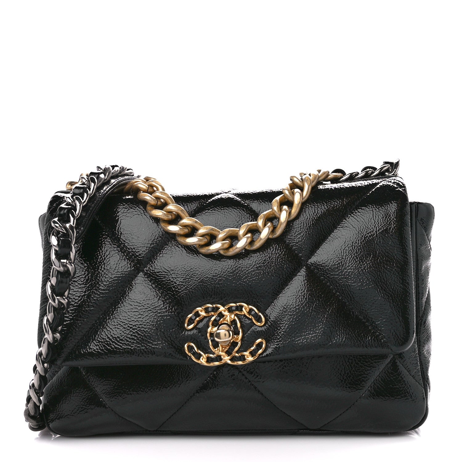 Chanel Shiny Crumpled Calfskin Quilted Medium Chanel 19 Flap Black