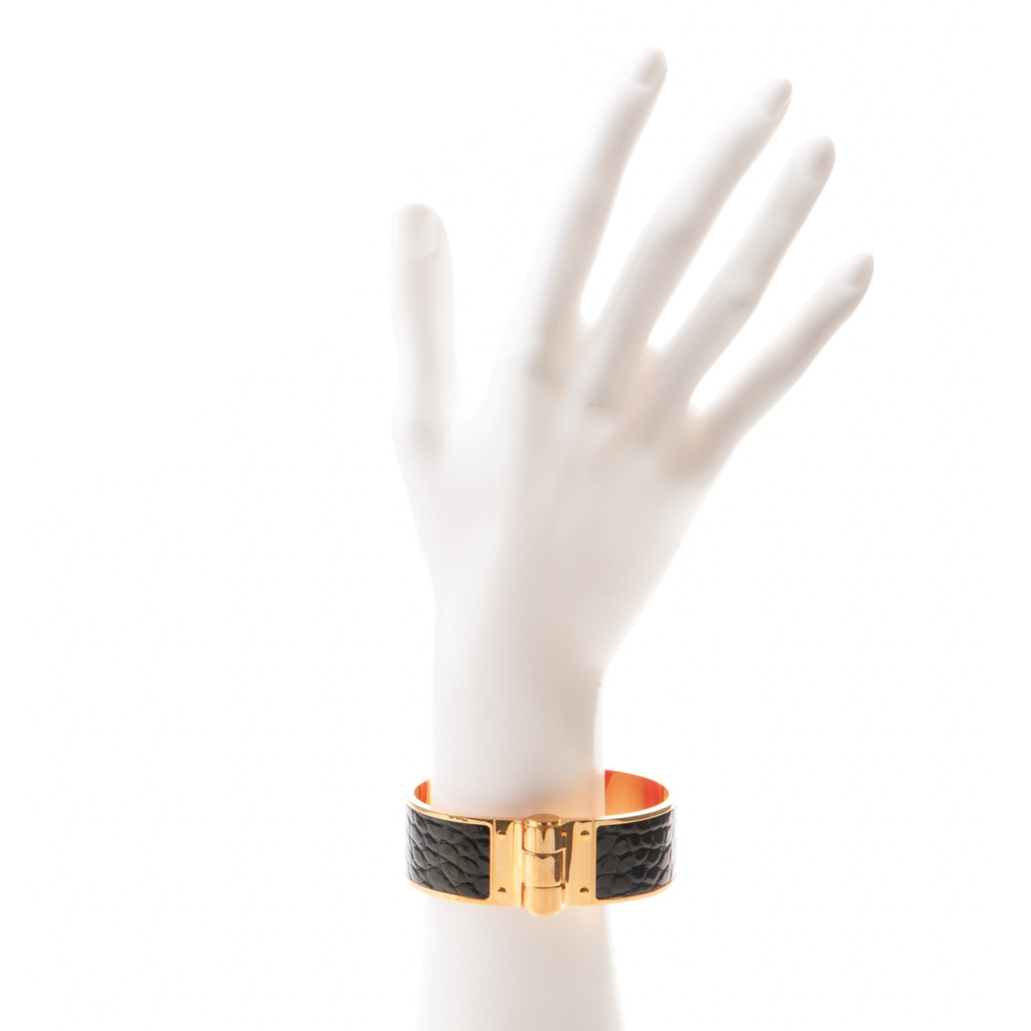 Hermes Shiny Alligator Charniere Cuir Wide Hinged Bracelet S Black 2 of 7